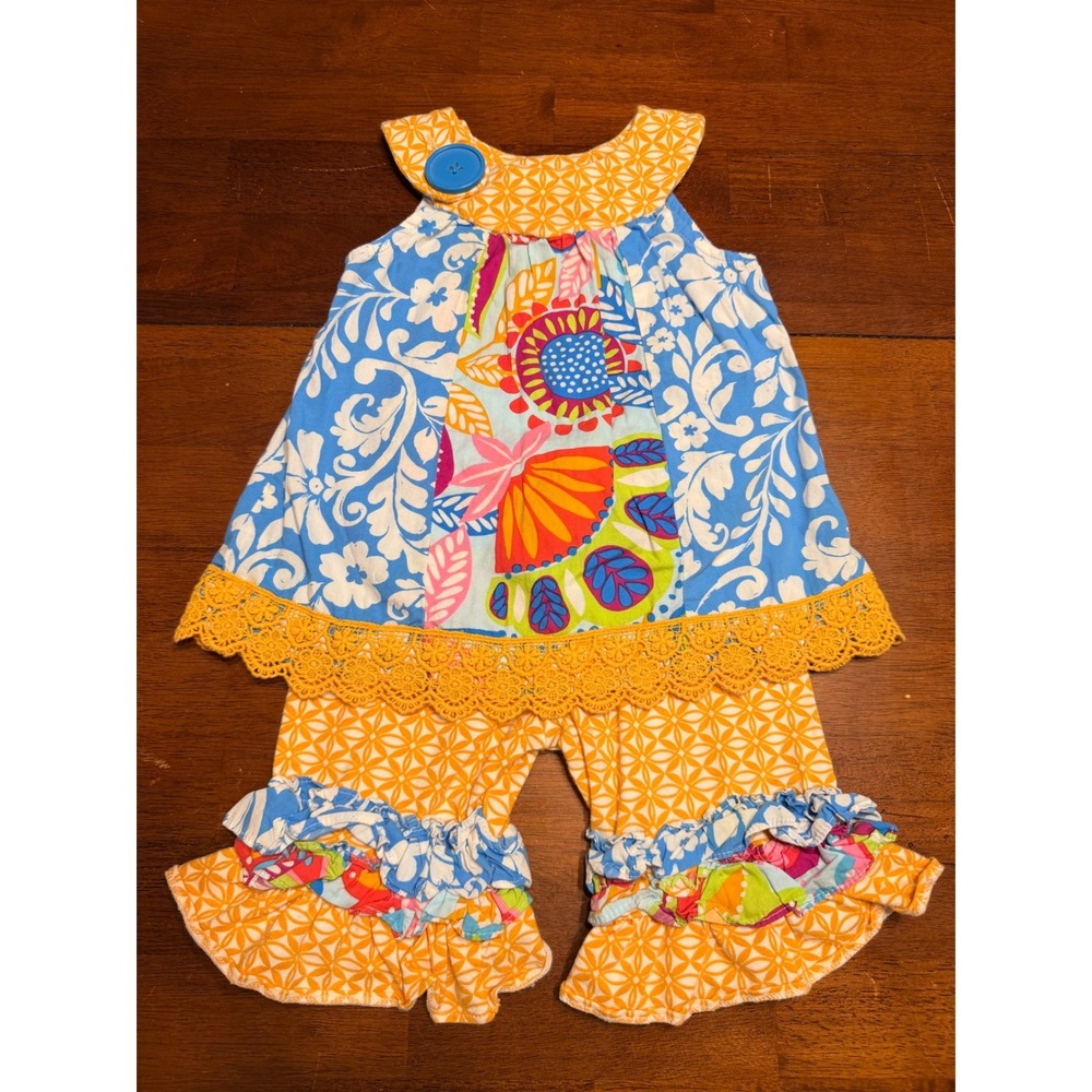 Counting Daisies Girls Pant Set 12M Multicolor Floral Ruffle Lace Cotton